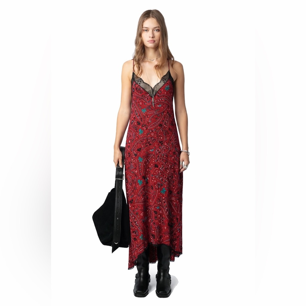 Zadig & Voltaire Risty Psyche Slip Dress Wine Print Lace Trim XS Boho Lace🖤